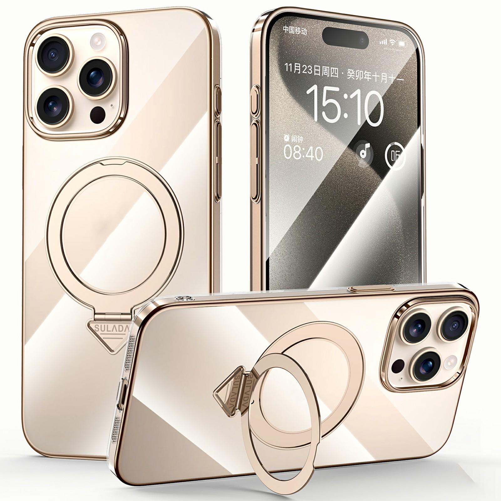 

SULADA For iPhone 15 Pro Case Compatible with MagSafe Kickstand Clear PC Phone Cover Titanium Gold