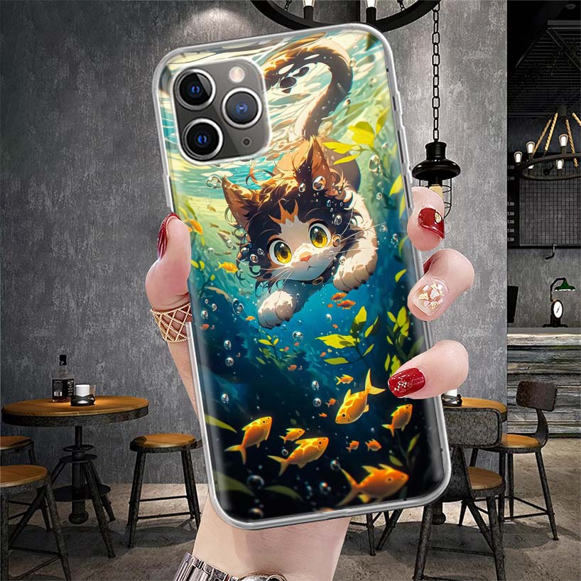 Cartoon Cute Cat Fish Aesthetic Soft Phone Case For IPhone 11 17 Air 16E 16 Pro Max 15 + 14 Plus 13 Mini 12 Apple 7 SE 8 Fundas