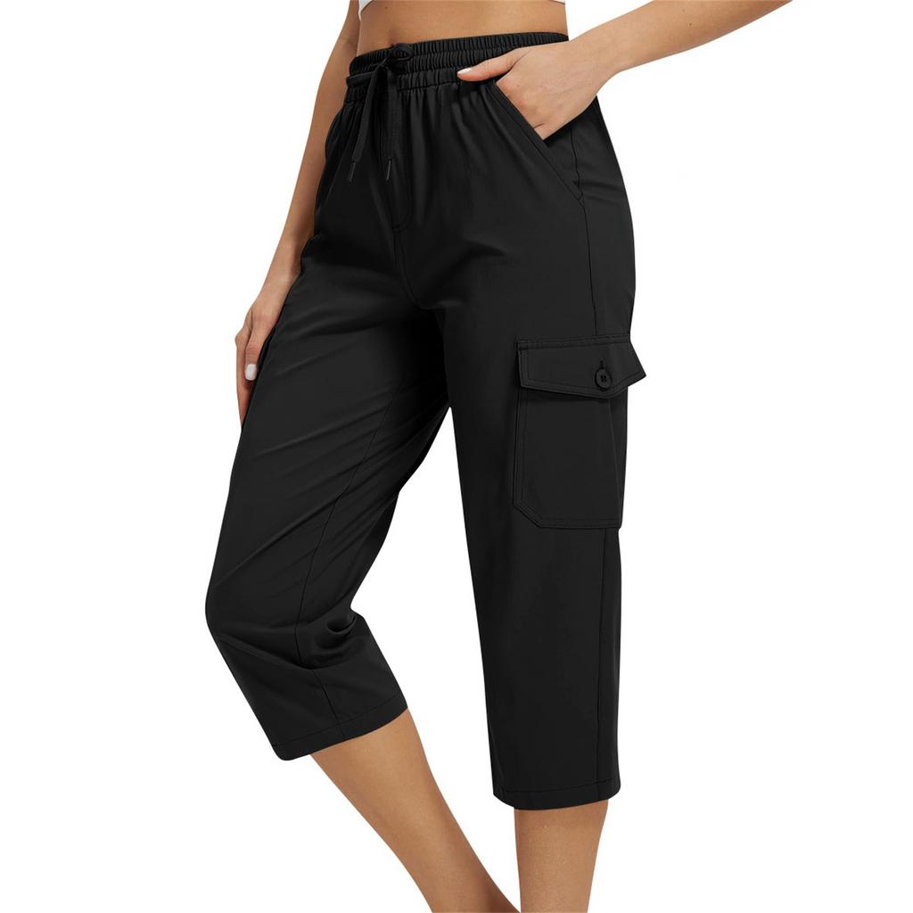 Damen locker sitzende High-Waist Wanderhose mit elastischem Bund, leicht, mit zwei Taschen, lässige Capri-Hose für Outdoor-Aktivitäten