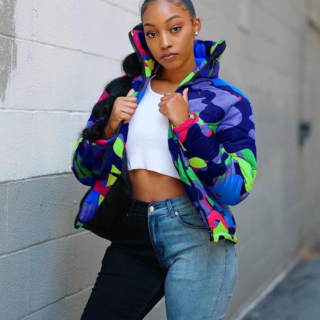 Unisex Long Sleeve Glossy Camouflage Bread Down Jacket Zipper Pockets Coat