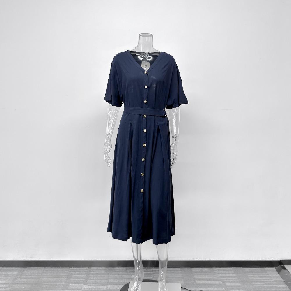 Women's V Neck Short Sleeve Midi Dress Loose Fit Elastic Waist Elegant Style Rayon Linen Blend A Line Dress With Button Belt