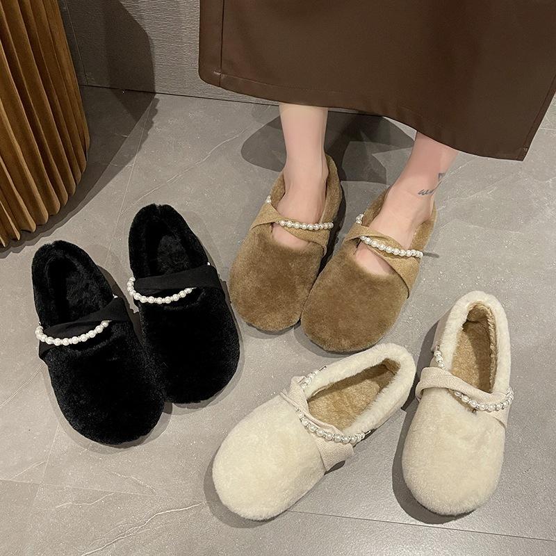 Light mouth fluffy shoes women's one-word flat-bottomed plush cotton shoes fashionable Mary Jane shoes with skirts autumn and winter plush belts