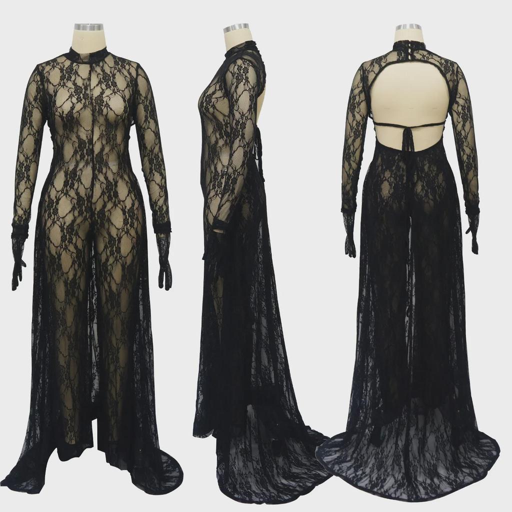 Mono de Encaje con Tirantes Descubierto por la Espalda - Moda Sexy para Mujeres Europeas/Americanas