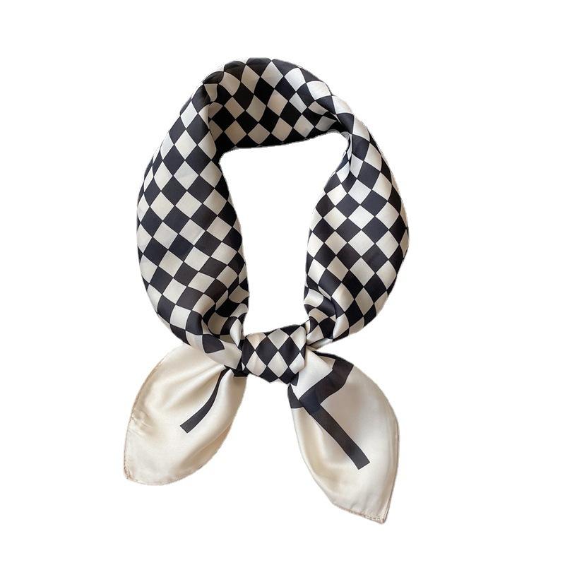 Temperament Small Square Plaid Silk Scarf Simulation Silk Scarf Winter Black and White Professional Scarf Spring and Summer Sun Protection Shawl Squar