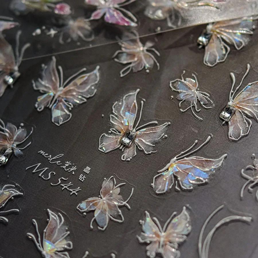 Shiny Jelly Butterfly Charming Golden Gradient Bowknot 5D Self Adhesive Nail Art Sticker Flower Petal Rhinestone Manicure Decals