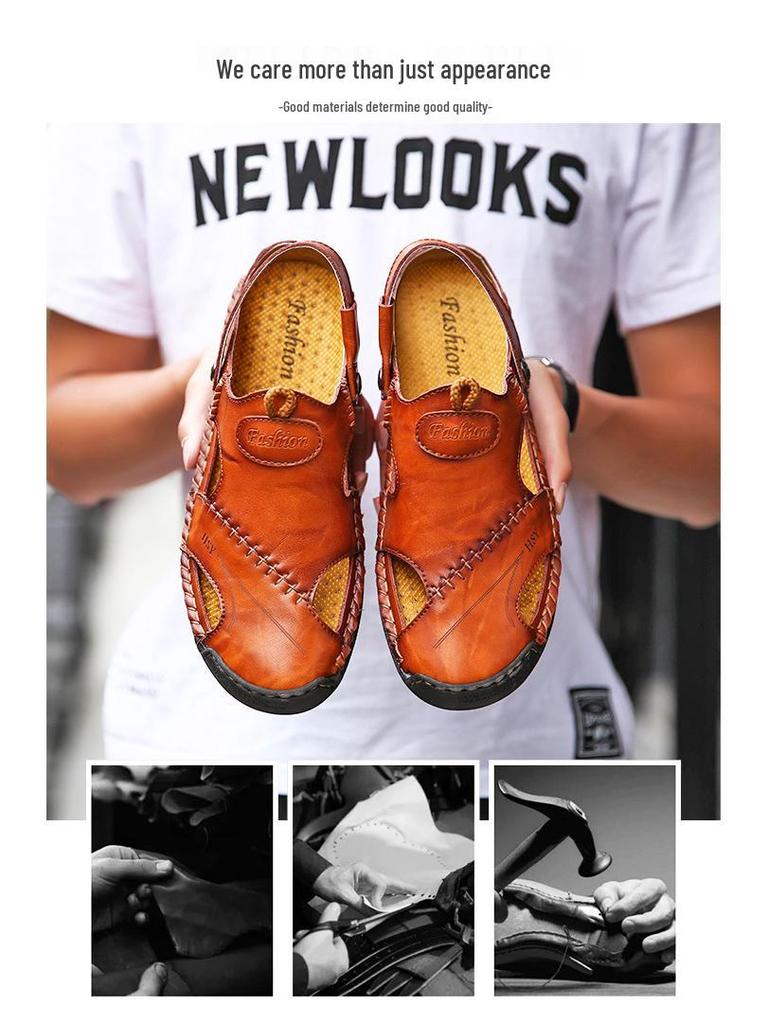 Men's Plus Size Closed Toe Leather Sandals - Trendy British Casual Beach Shoes