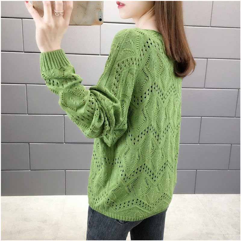 Plus Size Hollow-out Knit Women's Pullover Spring and Autumn V-neck Top Loose Outer Sweater