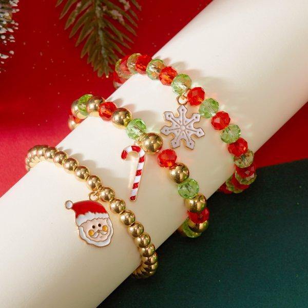 3pcs/set Christmas Red Green Crystal Xmas Tree Santa Claus Beaded Bracelets For Women Men Cute Bangle New Year Jewelry