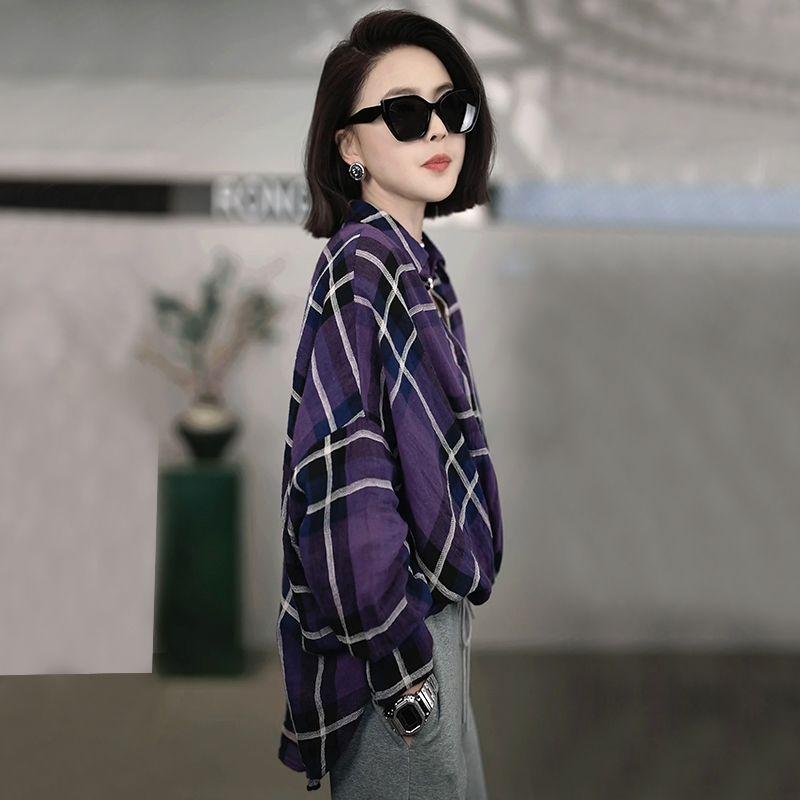 Retro High-end Plaid Casual Lazy Style Shirt for Women Autumn Commuting Versatile Polo Collar Long-sleeved Shirt