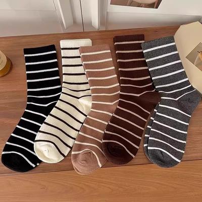 5 Pairs of Female Autumn and Winter Stripes Wear Mid Tube Cotton Socks