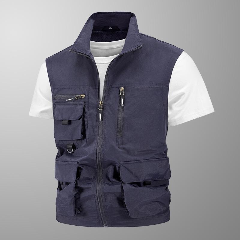 

Men s Multi-pocket Outdoor Casual Vest - Spring/Autumn, Sleeveless, Stand Collar, Plus Size. XL темно-синього кольору