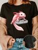 Damenmode Baumwoll-T-Shirt mit Anime-Fisch-Print Lässiges Rundhals-Kurzarm-Top Geeignet für Alle Jahreszeiten Große Größen