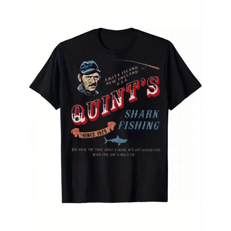 Unisex Vintage Quint'S Shark Fishing Graphic T-Shirt - 220gsm Heavyweight, Black Retro Shark Week Design with Quint'S Shark Fishing & Amity Island