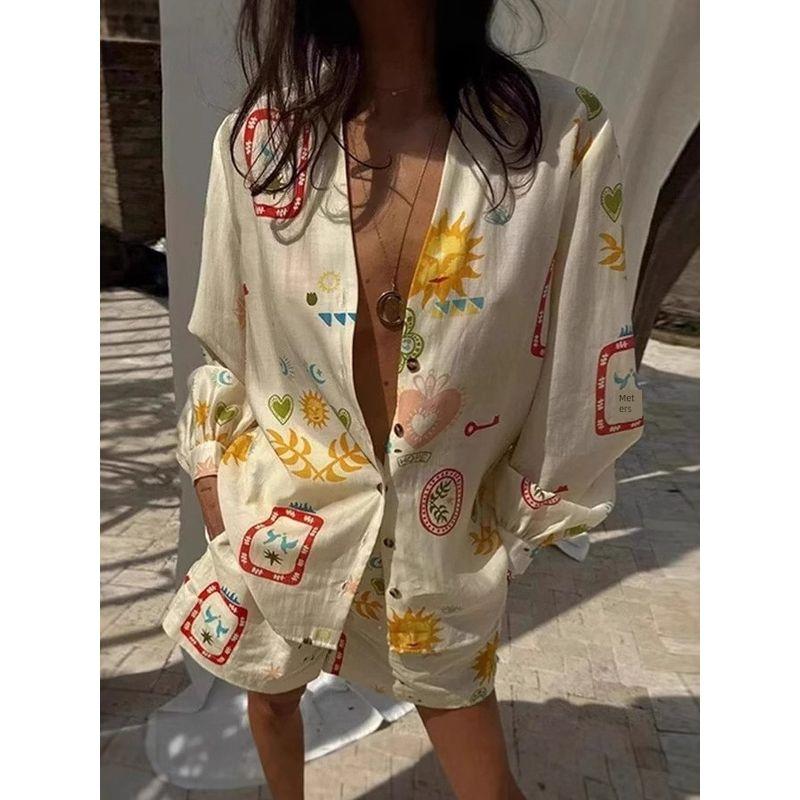 Printed Long Sleeve Shirt Shorts Set Print Long Sleeves Shirt Shorts Suit
