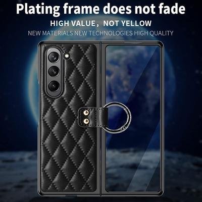 Luxury Rhombus Leather Ring Holder Case for Samsung Galaxy Z Fold 6 5 4 3 ZFold5 Case Tempered Glass Folding Shockproof Hard Cover