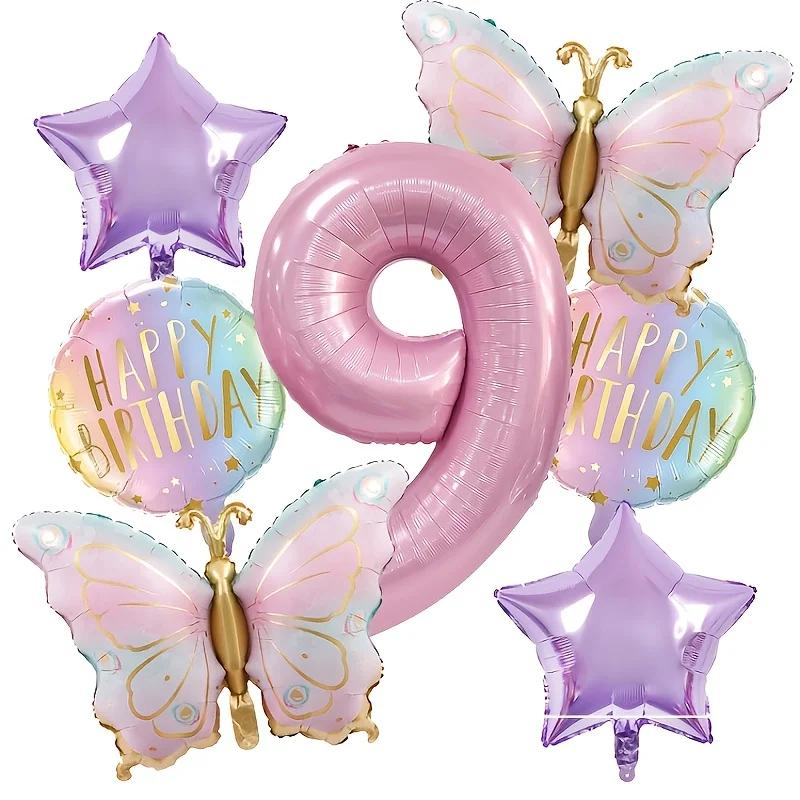 Pink digital butterfly aluminum foil balloons and purple star balloons are suitable for butterfly themed parties and birthday