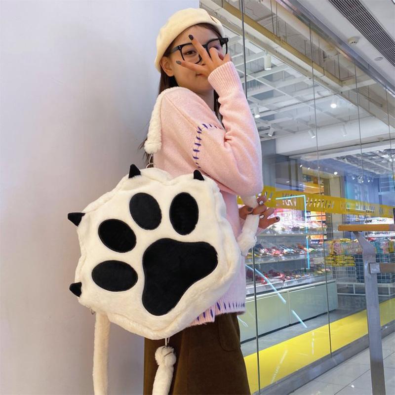 Kawaii White Puppy Cat Paw Plush Backpack Adjustable Straps Funny Dog Big Capacity Soft Stuffed Animals Bags for Girls Women