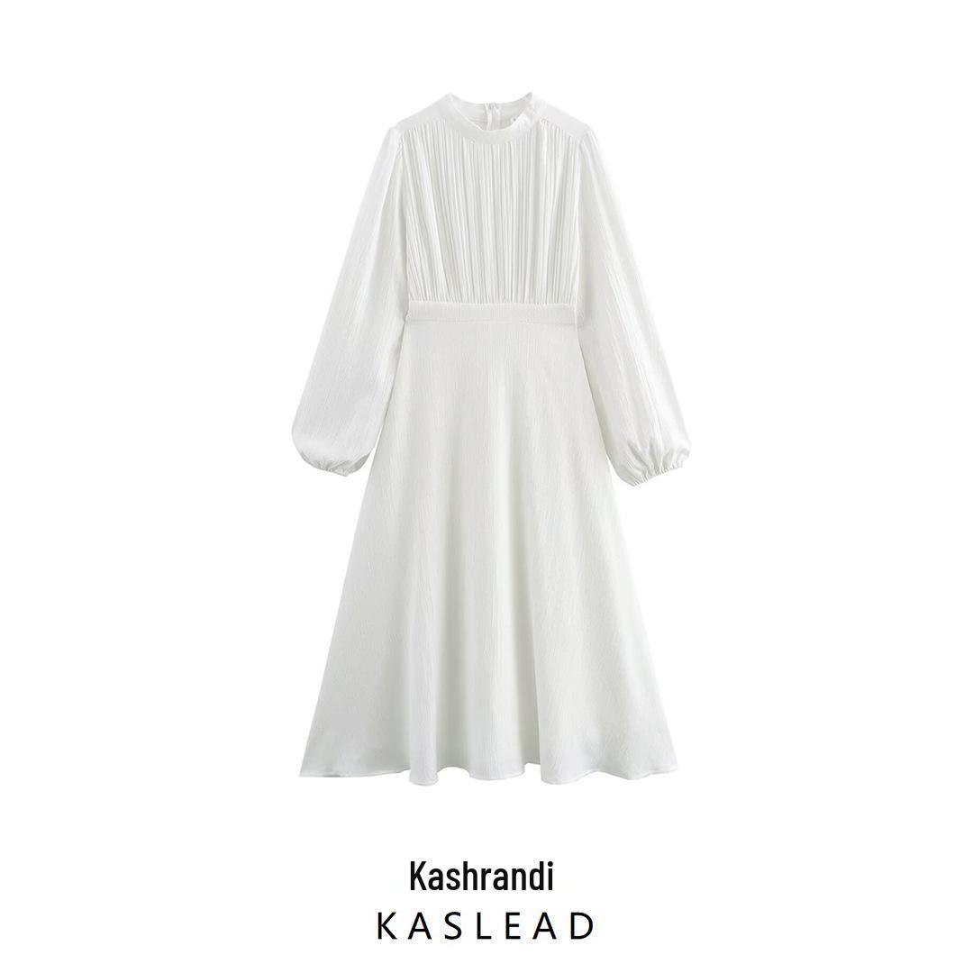 

2025 Spring Women s Fashion Solid Color Lantern Sleeve Waist-Gathering Dress S білий