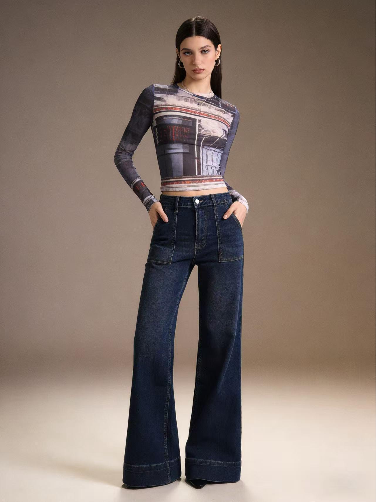 

High-Waisted Wide-Leg Cuffed Jeans for Women - Casual and Versatile Bestseller XL синий