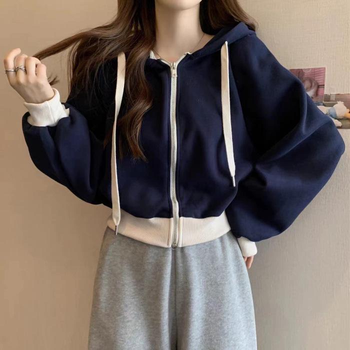 Plus Size Korean Style Hooded Sweatshirt Jacket - Slimming Autumn Streetwear, Belly Covering Short Cardigan for Women