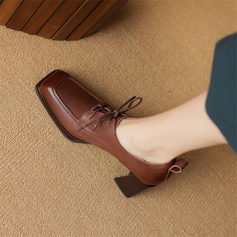 Fashion New Spring Genuine Leather Women Shoes French Retro Square Toe Lace Women Pumps High Heels Loafers Shoes for Women Ladies Shoes