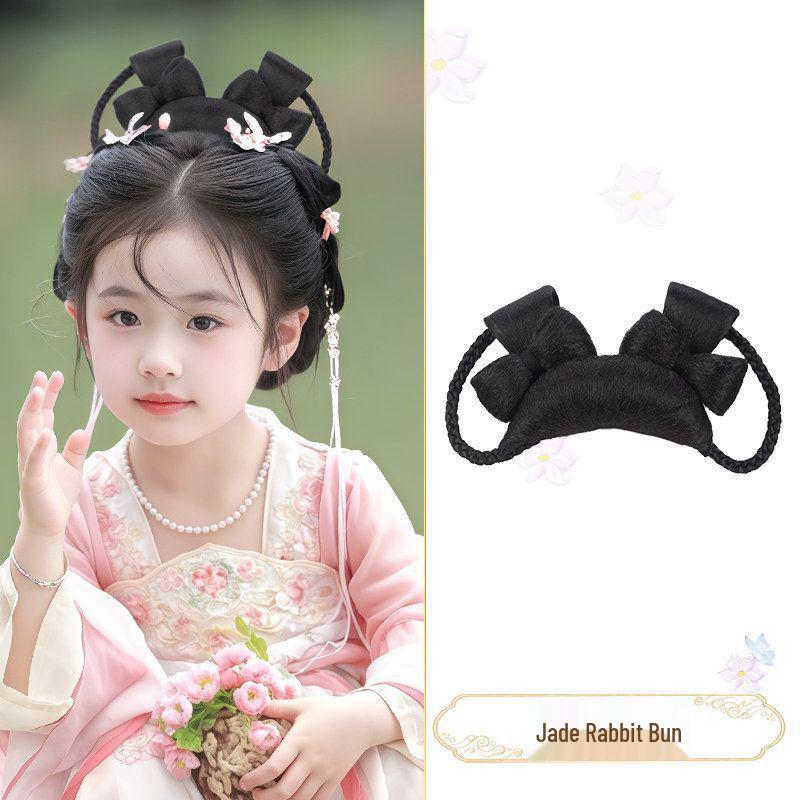 Jade Rabbit Hanfu Wig: Children's Ancient Style Tang Dynasty Updo with Hair Padding and Bun Headdress