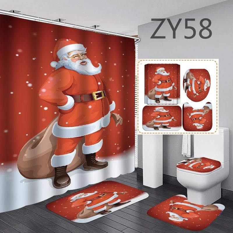 

4 шт./компл. Рождественские занавески для ванной комнаты, комплект из 4 предметов, занавеска для душа с изображением Санта-Клауса, коврик для унитаза, нескользящий коврик, водонепроницаемая занавеска для душа ZY58