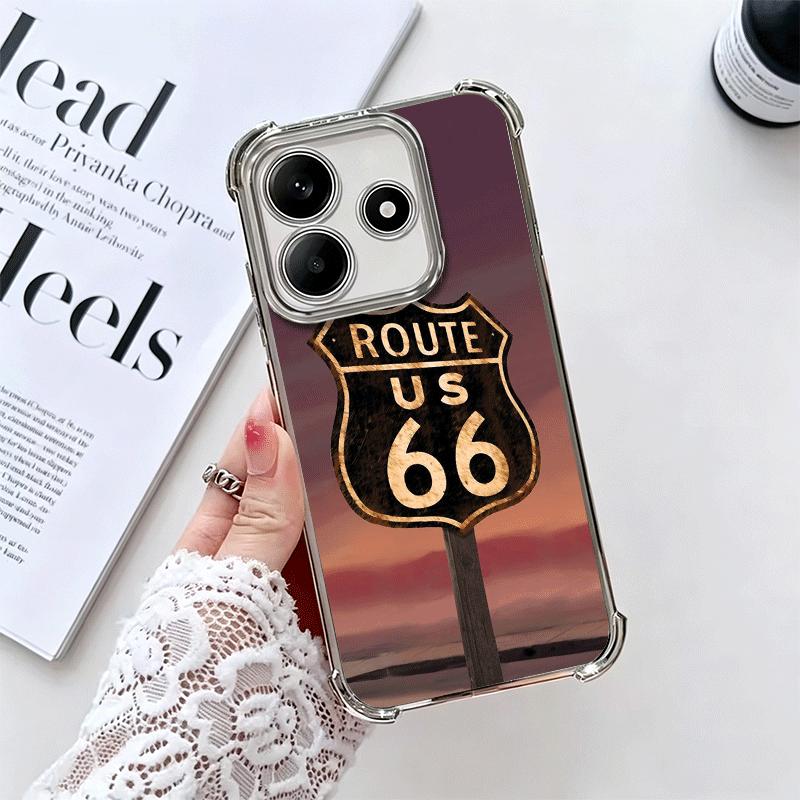 America Route 66 Plating Phone Case For Xiaomi Redmi Note 14 15 Pro Plus 13 12 11 11S 11T 10 9S 9 5G Anti-Fall Airabag Cover