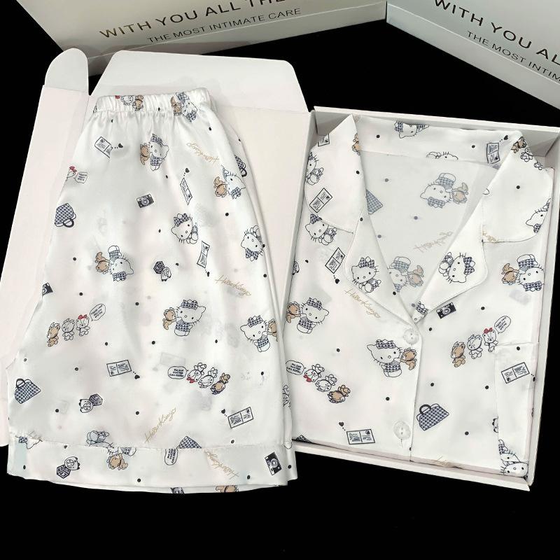 Cool Ice Silk Simple Cartoon Pajamas Women'S Summer Short-Sleeved Shorts Comfortable Loose Loungewear Set