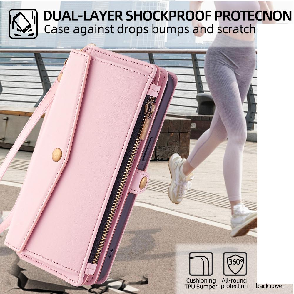 For TCL 505 Case Card Holder Zipper Wallet Folding Stand Leather Phone Cover with 2 Straps