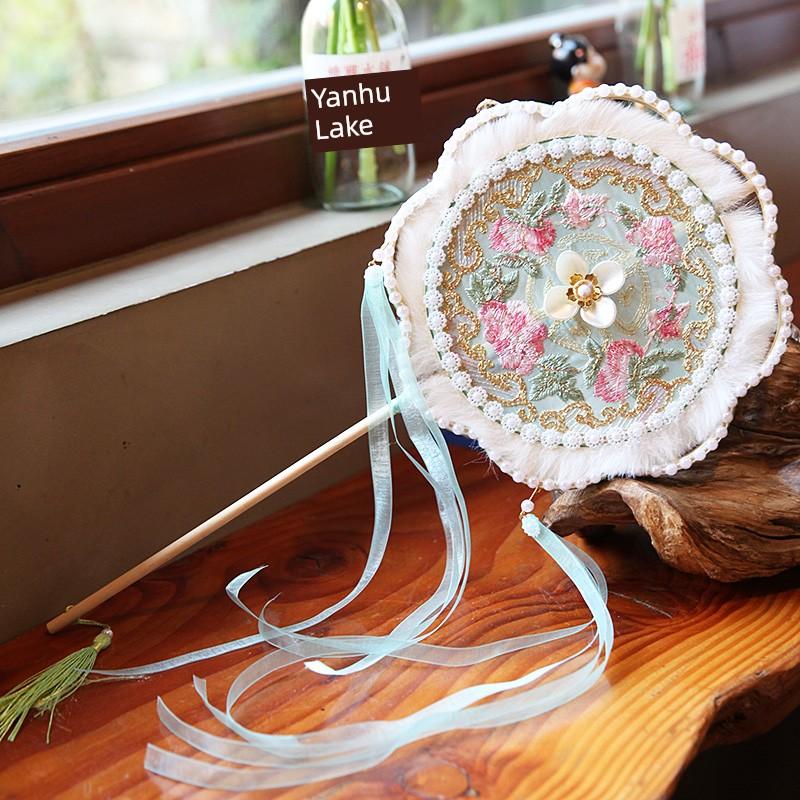 Double Petal Machine Embroidery Circular Fan Handicraft Photography Dance Court Retro Style Long Handle Bamboo Fan