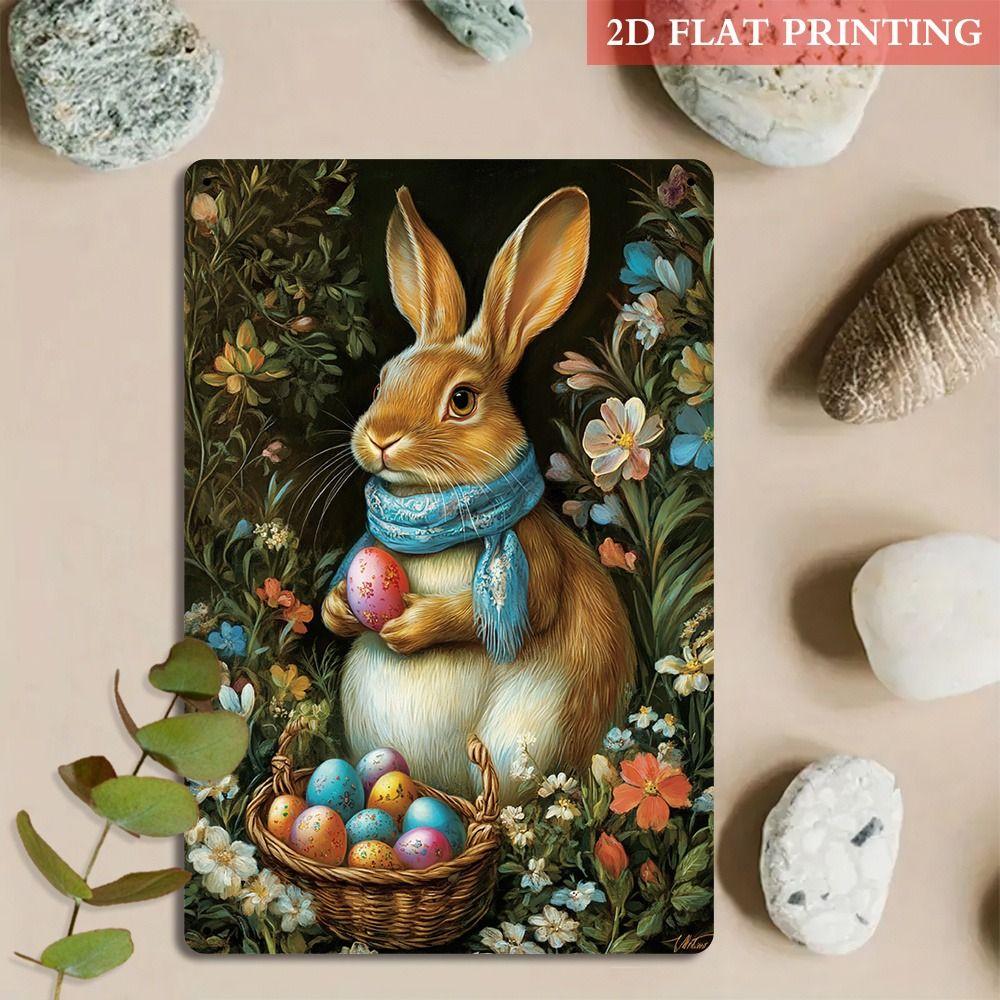 Tin Sign Retro Easter Rabbit Floral Wall Art Home Holiday Decor Metal Poster