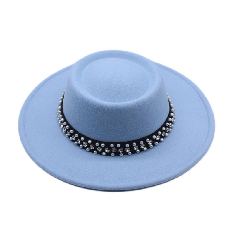 European and American New Autumn and Winter Wool Woolen Big-brimmed Jazz Hat Female Concave Top Black Top Hat Pearl Rhinestone Felt Hat