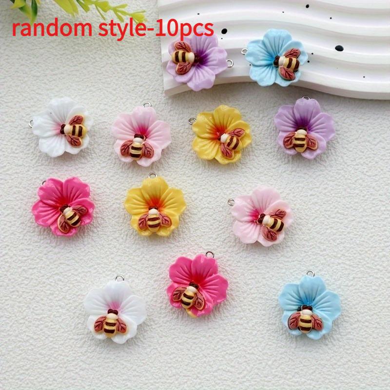 

10pcs Resin Flat-Back Charms with Bee and Flower Design for DIY Jewelry Supplies - Resin Crafts Decorative Elements for Necklace