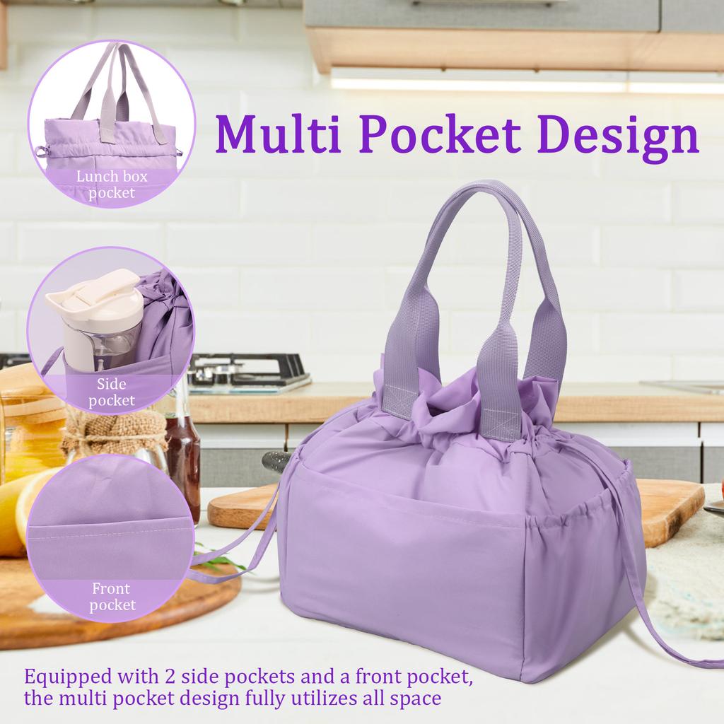 Cute Food Bag Women with Handle and Multiple Pockets Reusable Large Capacity Insulation Food Bag with Cinch Closure for Office