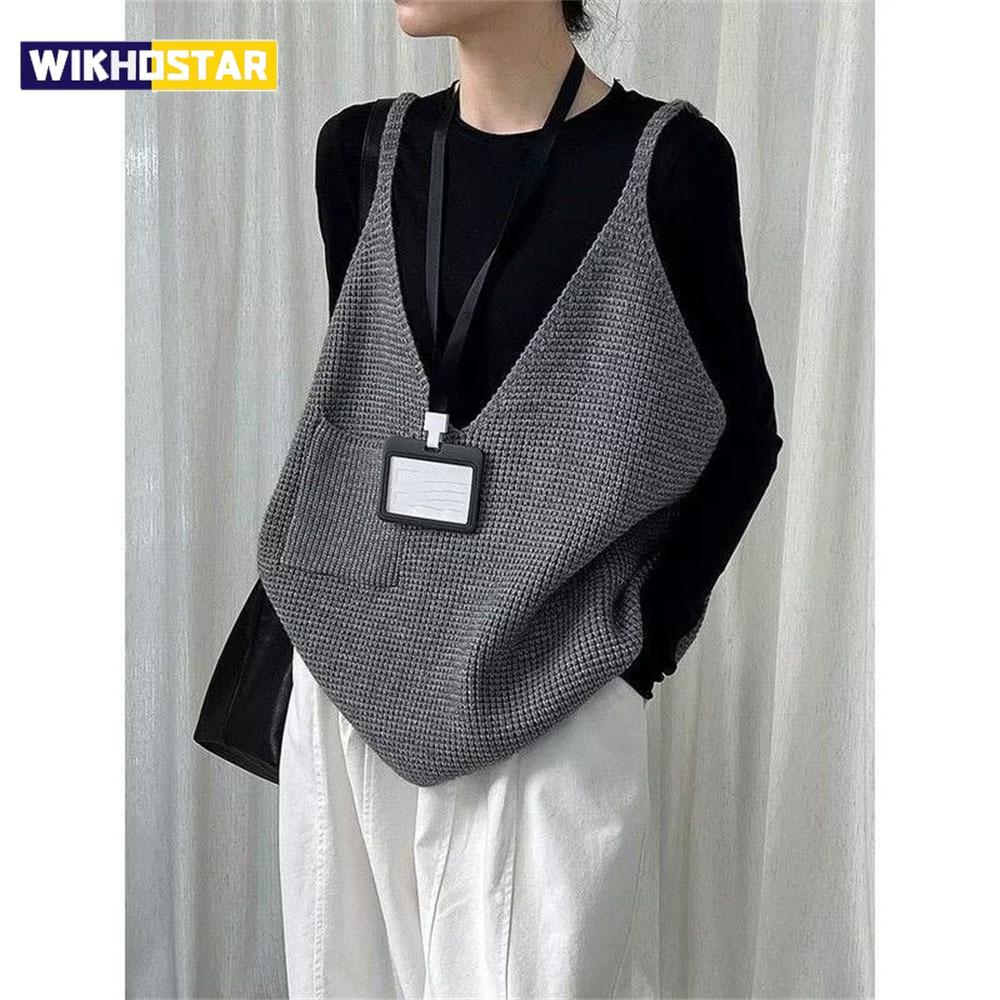 Women Black Gray Oversized Casual Knitting Vest New V Collar Sleeveless Sweater Fashion Spring Autumn Sweater Vests Clothes