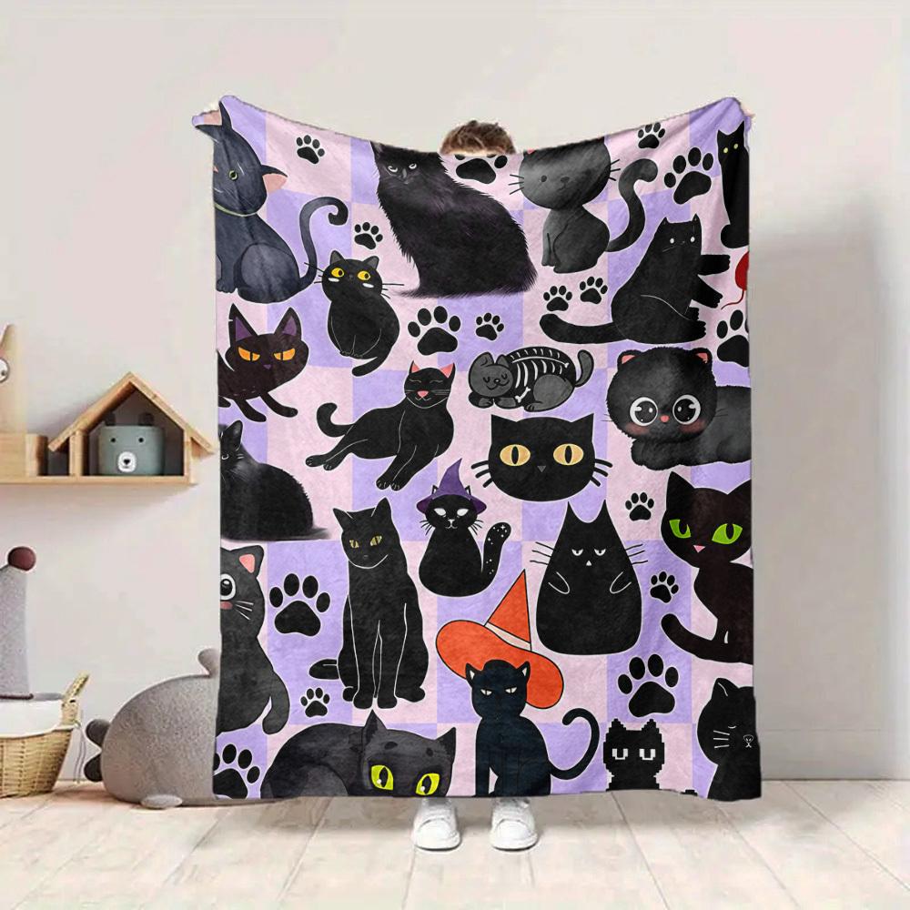 1pc Black Cats Lightweight Flannel Blanket, Comfortable and Warm Blanket, for Office and Camping Sofa Bed, Livingroom140