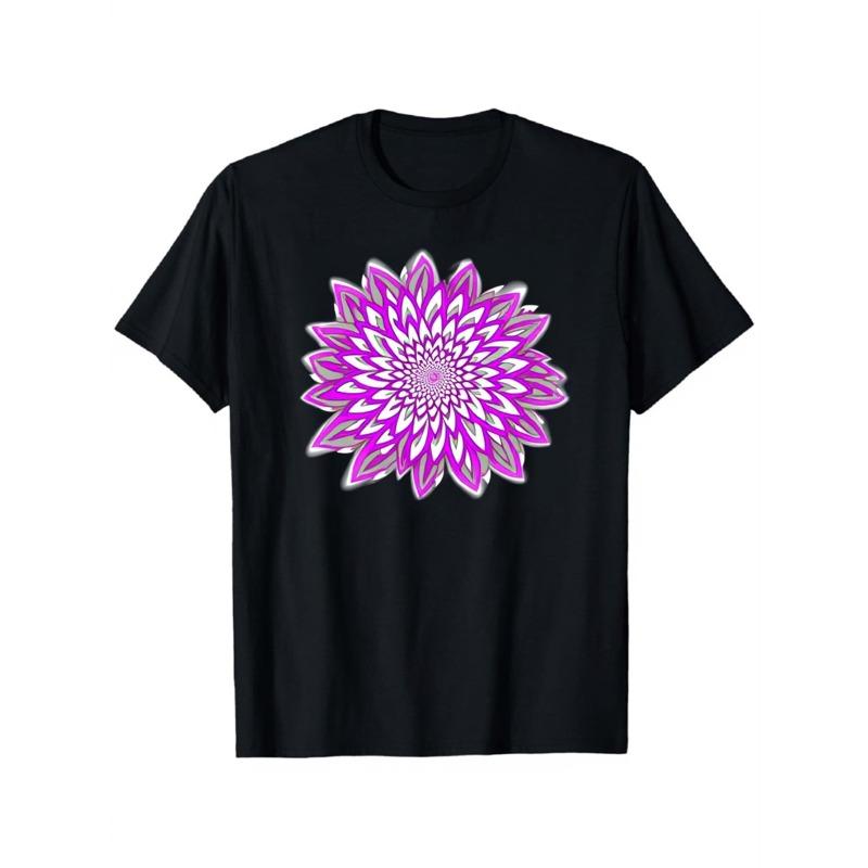 

Men s & Women s Black Purple Dahlia Flower Print T-Shirt - Slim Fit Unisex Cotton Tee with Short Sleeve Crewneck, Slight Stretch - Non- Casual Summer 4XL чорний