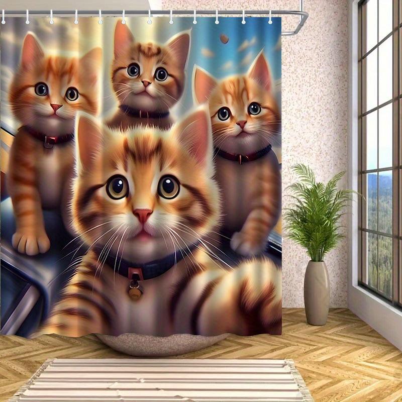 3D Kitten Shower Curtain Realistic Cat Faces Cartoon Art Fun Bathroom Decor Waterproof Printed Curtain Home Style