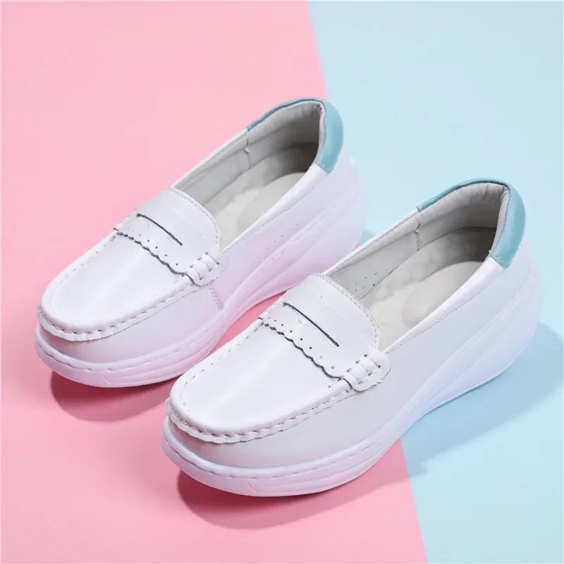 2025 White Genuine Leather Platform Loafers Women Nurse Shoes Round Toe Slip-on Thick Flats Breathable Soft Cowhide Chunky Mujer