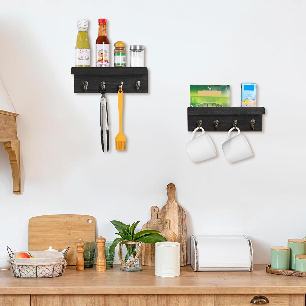 2 Pack Farmhouse Wooden Key Holder, Shelf with Hooks, Coat Rack Wall Mount, for Entryway, Bathroom, Kitchen (Black)