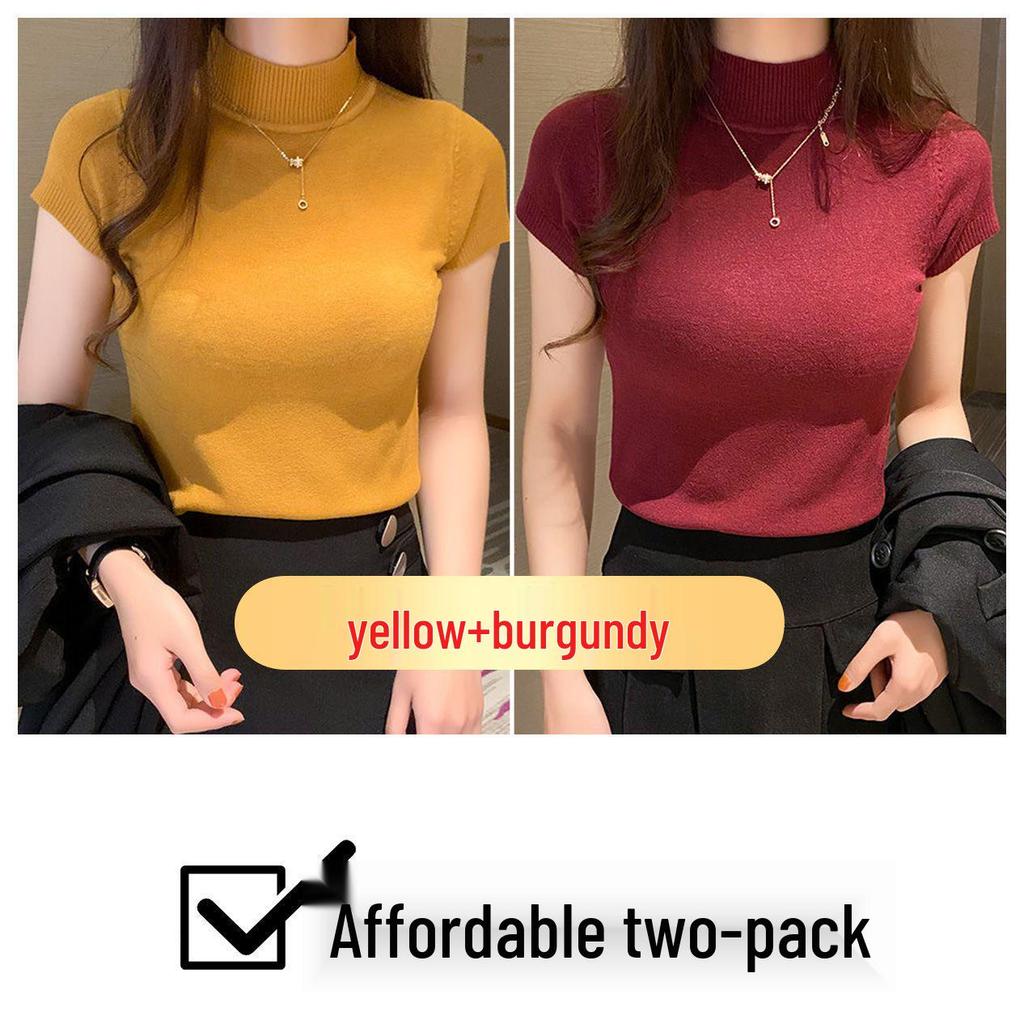 Women's Ice Silk Knit Slim Fit Short Sleeve Top - Half-High Collar, Stretchy, Solid Color