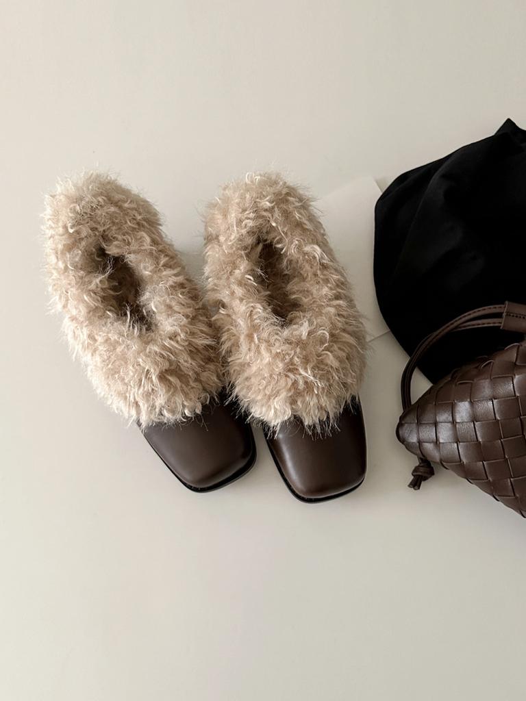 Square head fluffy shoes with one pedal, retro velvet to keep warm, Mary Jane small leather shoes, cotton shoes, thick heels, single shoes.