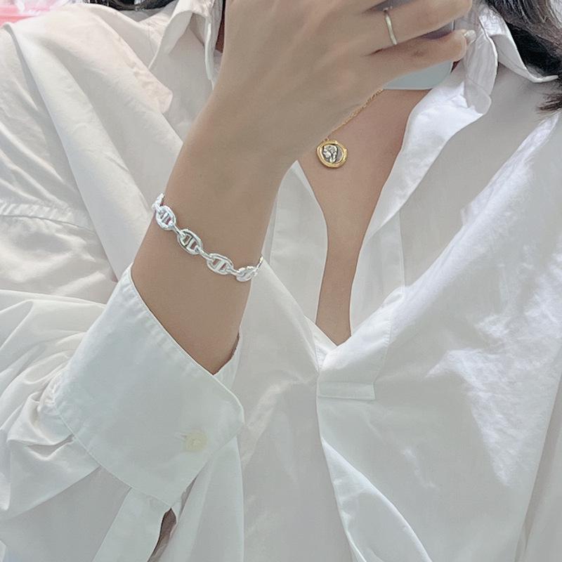 S925 Sterling Silver Korean Pig Nose Heavy Industry Bracelet - Fashionable Simple INS Style Bangle Jewelry.