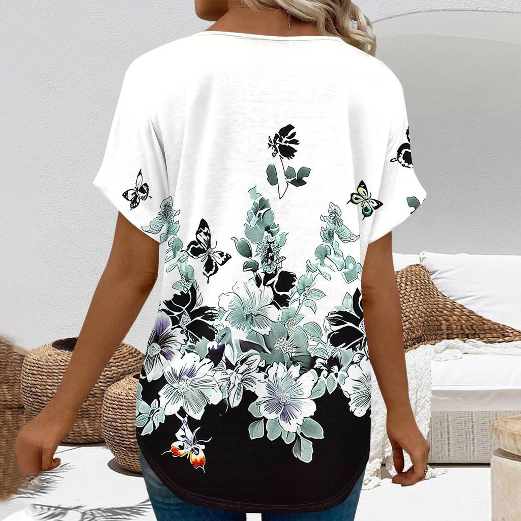 Women's Short Sleeve Shirts V Neck Print Tops Casual Tops Basic Tees Blouse Loose Tops