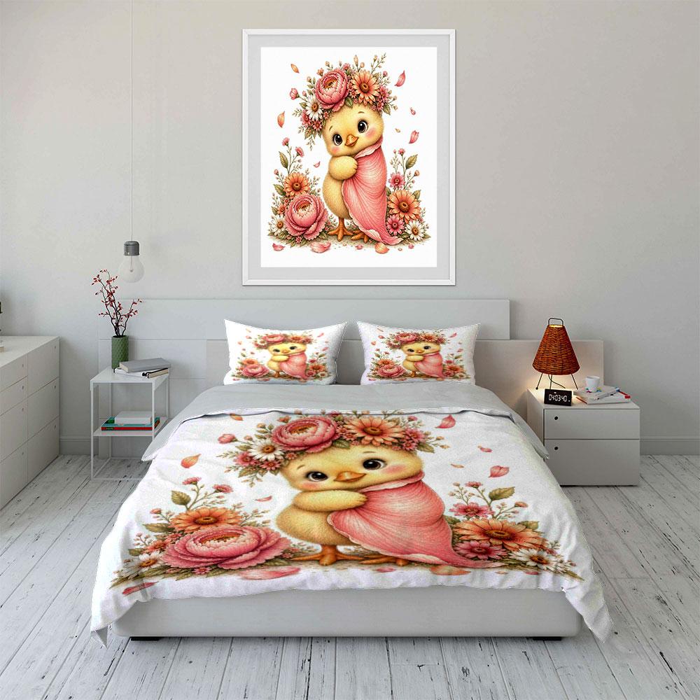 Adorable Chick With Floral Wreath Pattern Duvet Cover Set With 3D Printing Design Soft Polyester Bedding Set All-Season Comfort