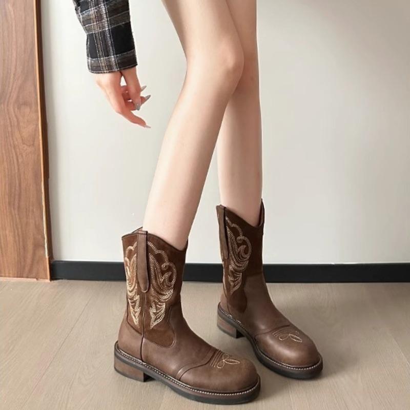 2025 Damen Mid-Calf Stiefel Klassiker Bestickte Western Cowboy Stiefel Mode Ritterstiefel für Damen Retro Kurzer Stiefel Botas Mujer