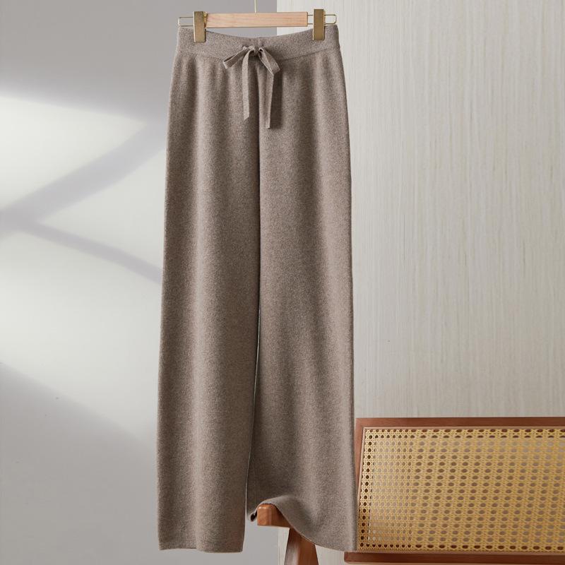 Women's 100% Wool Wide-Leg Knit Pants, Floor-Length, High-Waisted, Slimming, Casual Loose Fit for Autumn and Winter