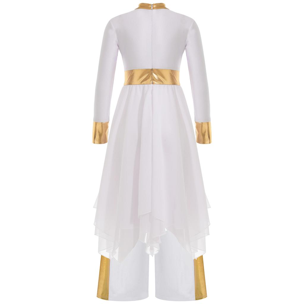 Mädchen Liturgisches Tanzoutfit Langarm Colorblock Metallic Lyrisches Kleid Weitbeiniges Hosen-Set