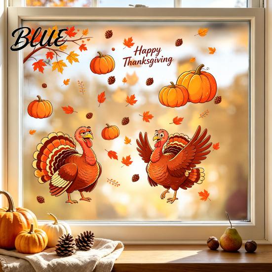 Festival Atmosphere Layout Supplies Thanksgiving Static Window Clings Cartoon Double Turkey Pumpkin Maple Leaf No‑Glue Seasonal Home Party